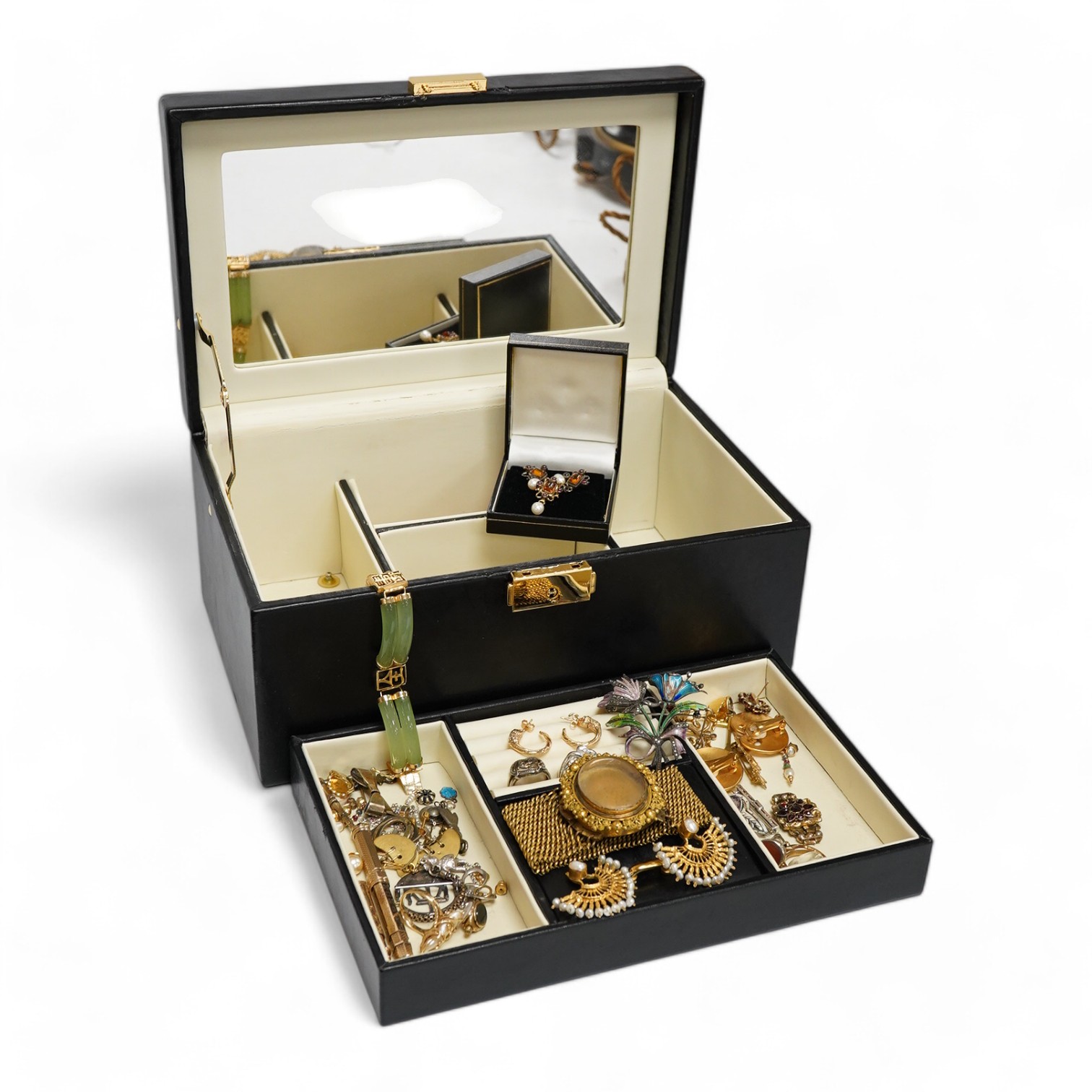 A jewellery box containing a quantity of mixed costume and other jewellery, including two yellow metal overlaid propelling pencils and a 14k and baroque pearl ring. Condition - poor to fair to good